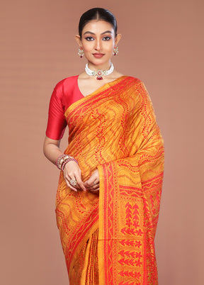 Yellow Handloom Kantha Stitch Pure Silk Saree With Blouse Piece