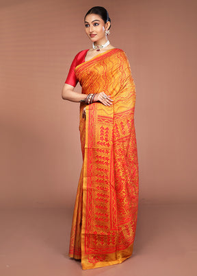 Yellow Handloom Kantha Stitch Pure Silk Saree With Blouse Piece