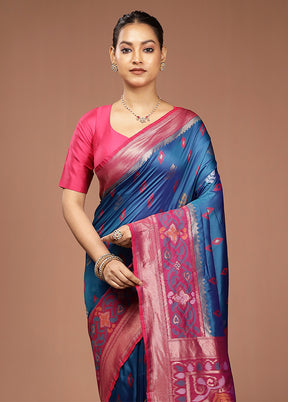Blue Dupion Silk Saree With Blouse Piece