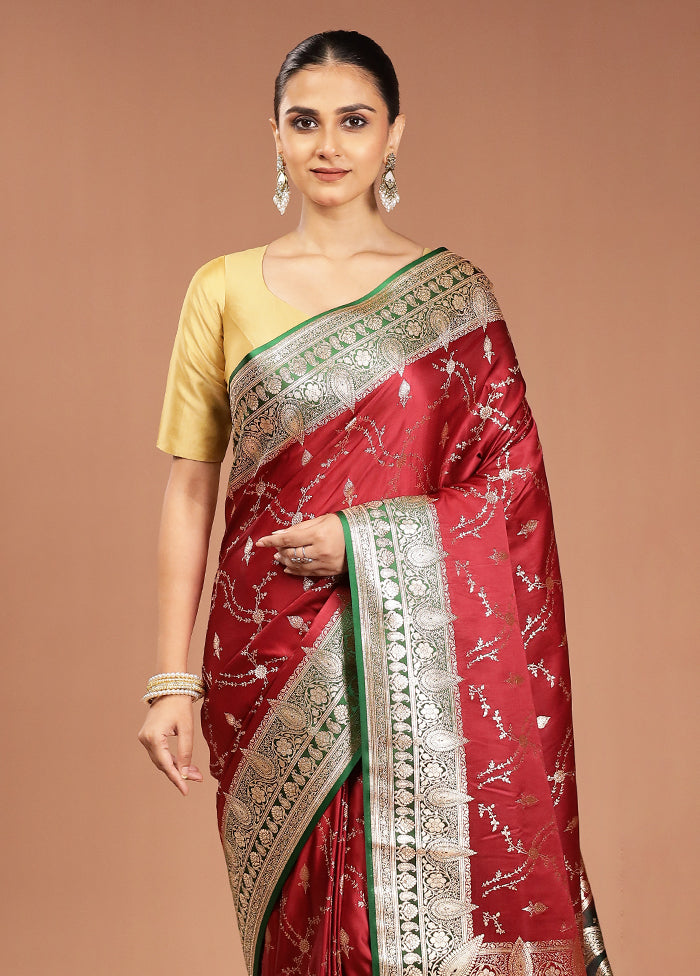 Maroon Banarasi Silk Saree With Blouse Piece