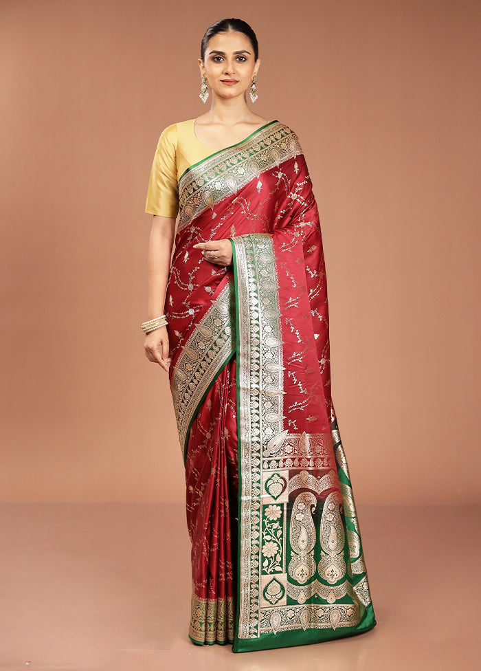 Maroon Banarasi Silk Saree With Blouse Piece