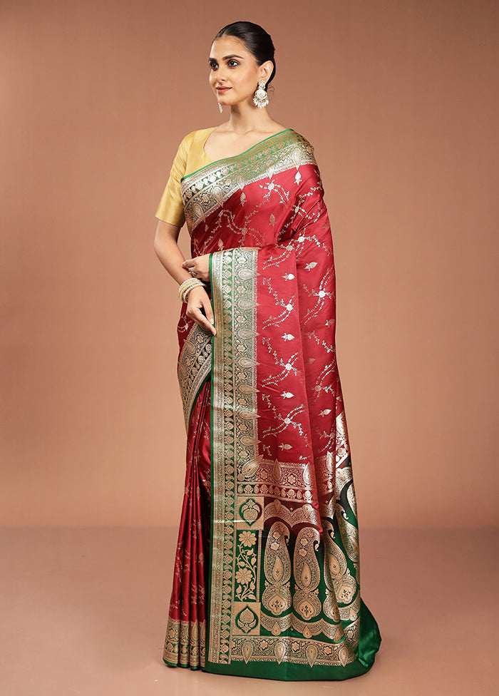 Maroon Banarasi Silk Saree With Blouse Piece