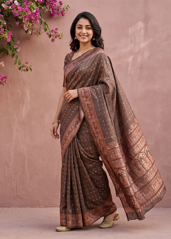 Grey Handloom Baluchari Pure Silk Saree With Blouse Piece