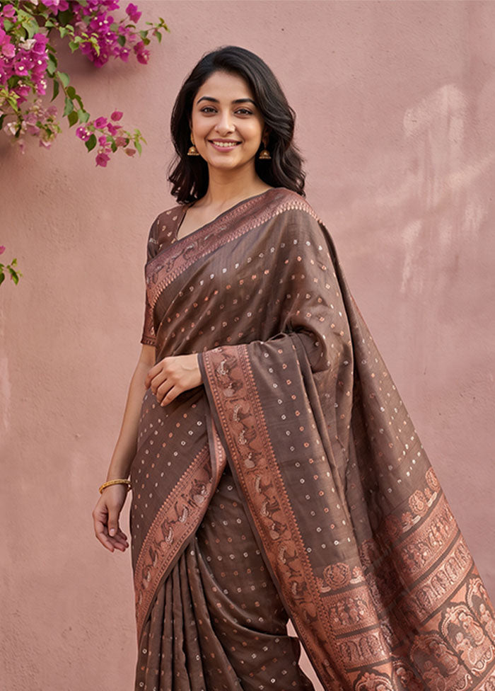 Grey Handloom Baluchari Pure Silk Saree With Blouse Piece