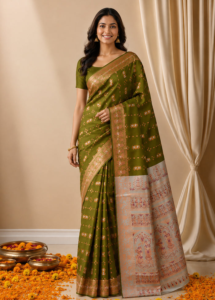 Green Handloom Baluchari Pure Silk Saree With Blouse Piece