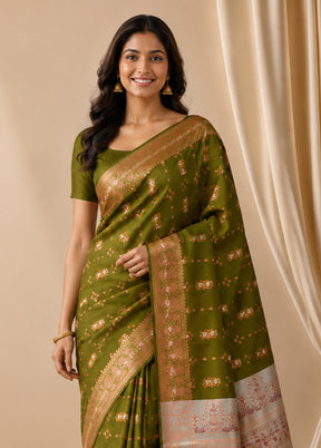 Green Handloom Baluchari Pure Silk Saree With Blouse Piece