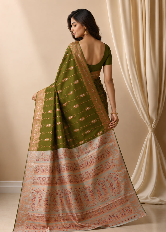Green Handloom Baluchari Pure Silk Saree With Blouse Piece