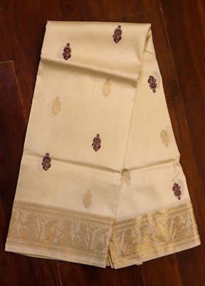 Cream Handloom Baluchari Pure Silk Saree With Blouse Piece