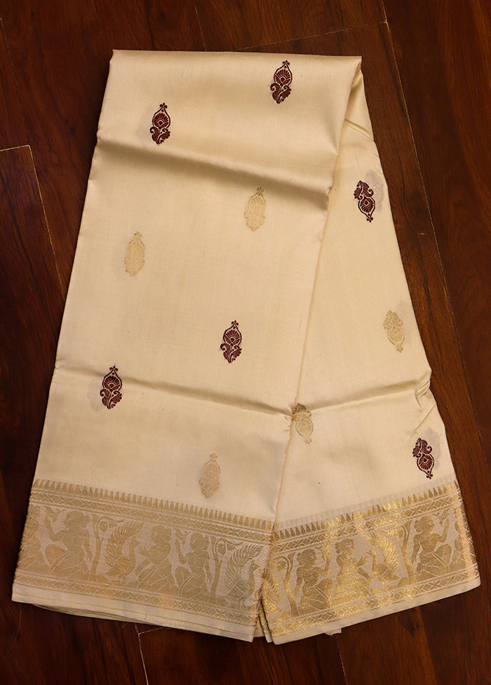 Cream Handloom Baluchari Pure Silk Saree With Blouse Piece