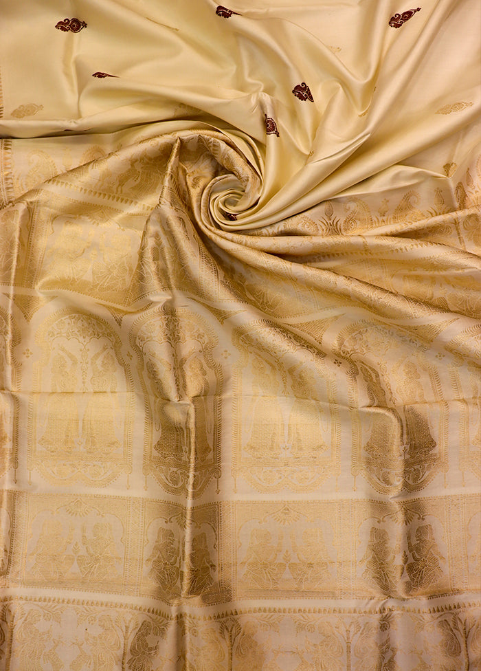 Cream Handloom Baluchari Pure Silk Saree With Blouse Piece