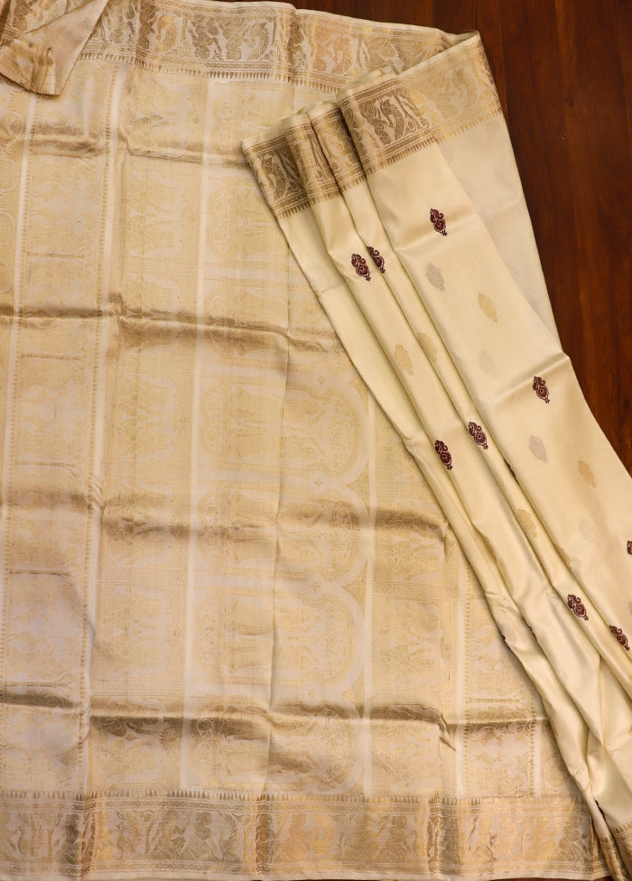 Cream Handloom Baluchari Pure Silk Saree With Blouse Piece