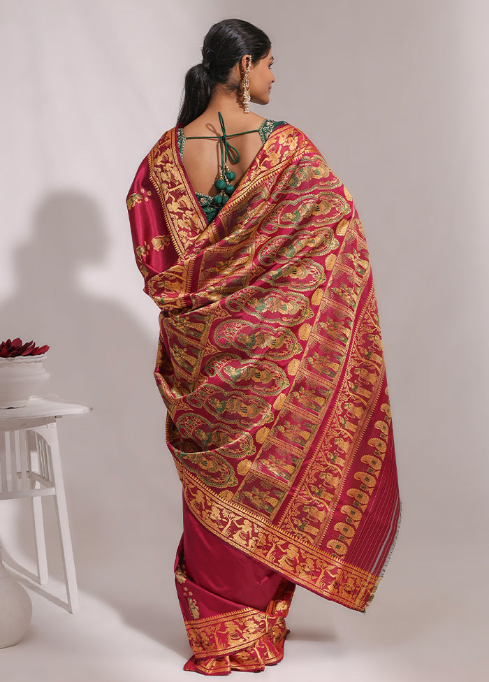 Purple Handloom Baluchari Pure Silk Saree With Blouse Piece