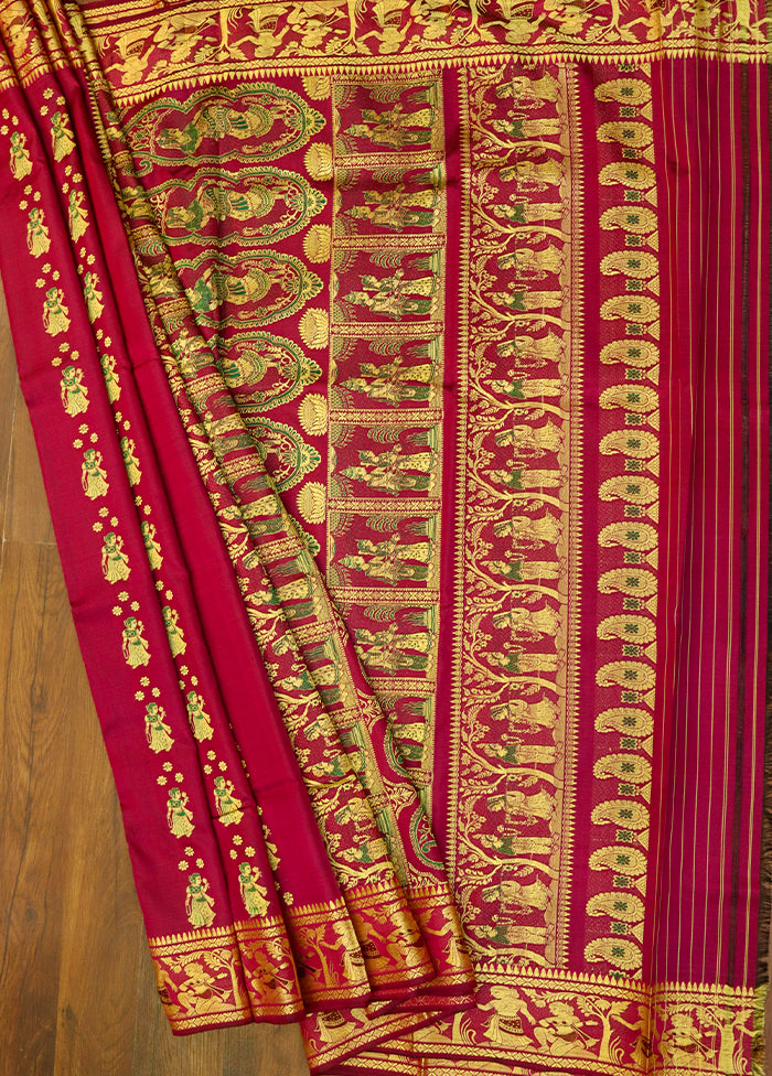 Red Handloom Baluchari Pure Silk Saree With Blouse Piece