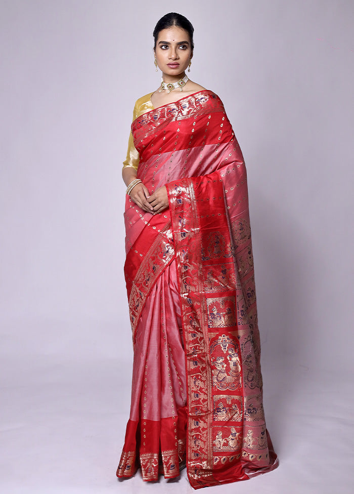 Pink Handloom Baluchari Pure Silk Saree With Blouse Piece