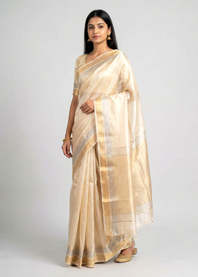 Cream Handloom Tussar Pure Silk Saree With Blouse Piece