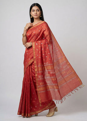 Maroon Handloom Tussar Pure Silk Saree With Blouse Piece