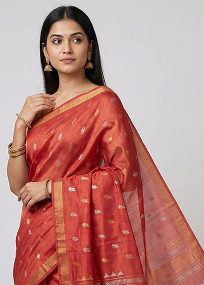 Maroon Handloom Tussar Pure Silk Saree With Blouse Piece