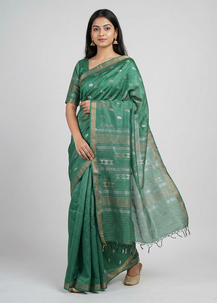 Green Handloom Tussar Pure Silk Saree With Blouse Piece