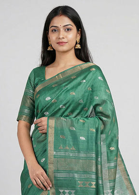 Green Handloom Tussar Pure Silk Saree With Blouse Piece