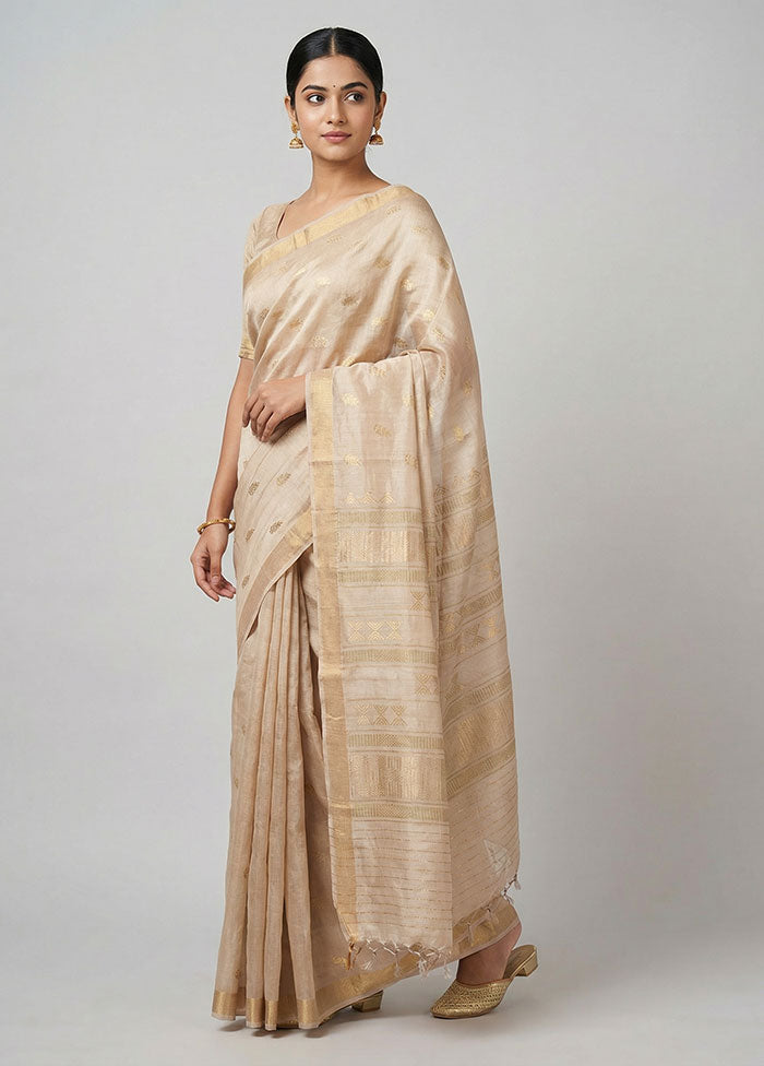 Cream Handloom Tussar Pure Silk Saree With Blouse Piece