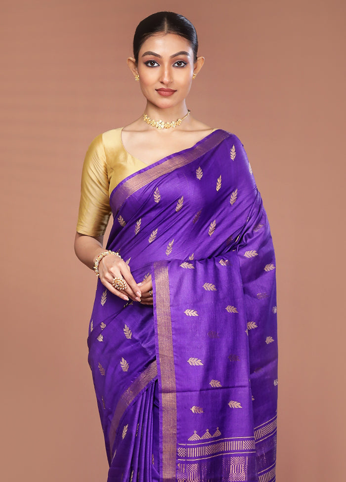 Blue Handloom Tussar Pure Silk Saree With Blouse Piece