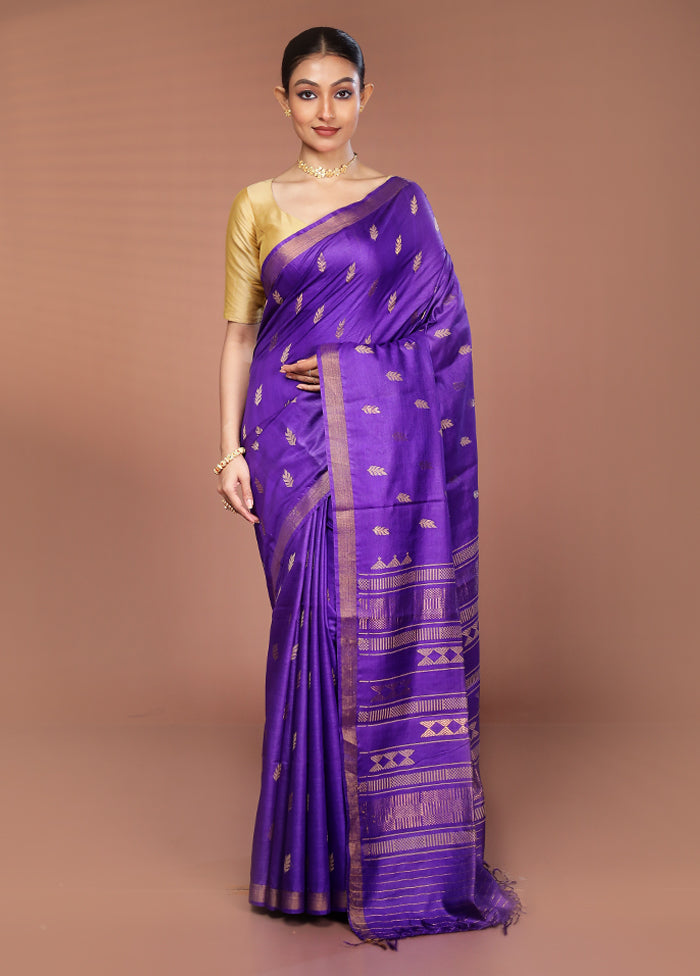 Blue Handloom Tussar Pure Silk Saree With Blouse Piece