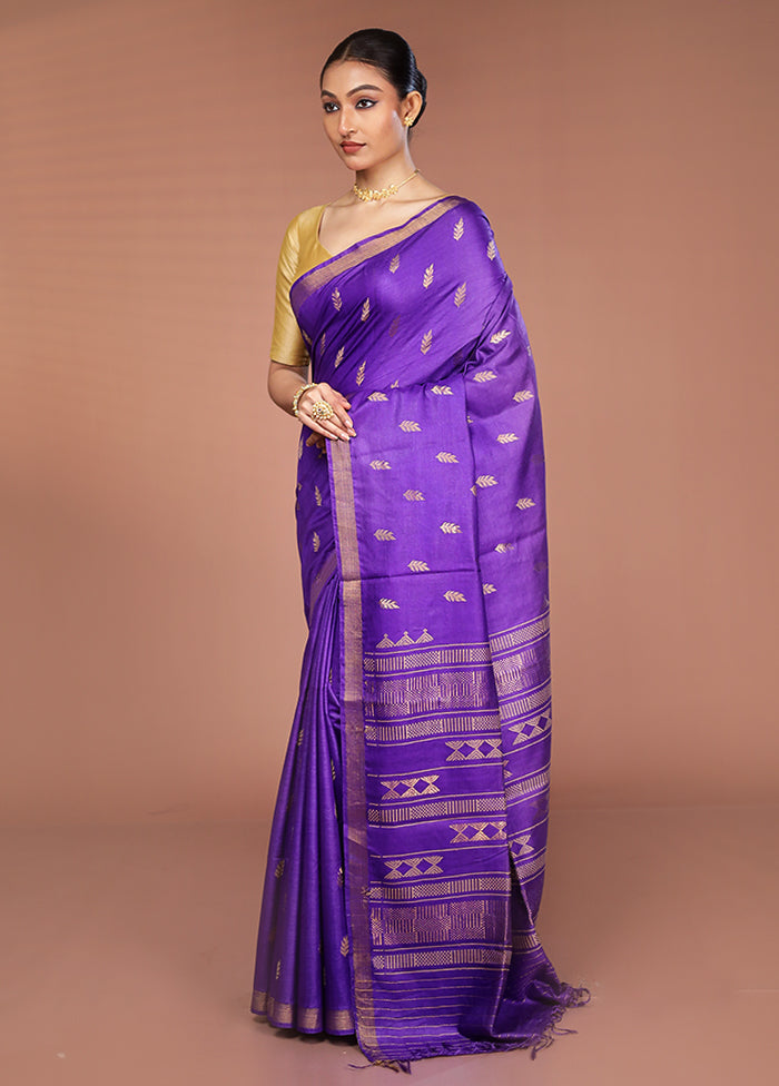 Blue Handloom Tussar Pure Silk Saree With Blouse Piece