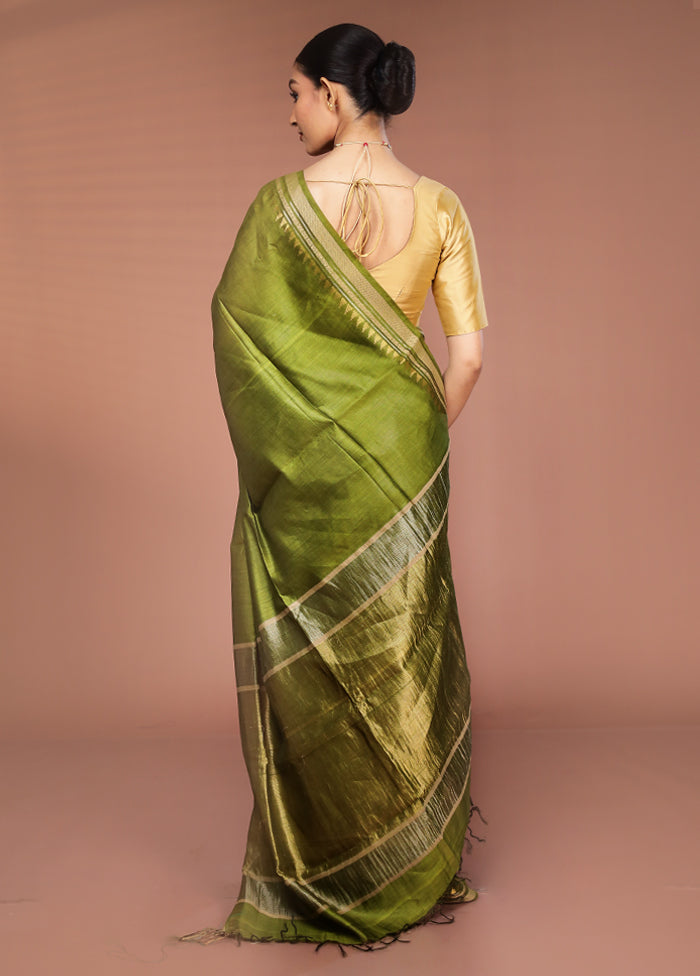 Green Handloom Tussar Pure Silk Saree With Blouse Piece