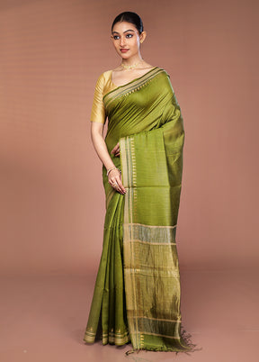 Green Handloom Tussar Pure Silk Saree With Blouse Piece