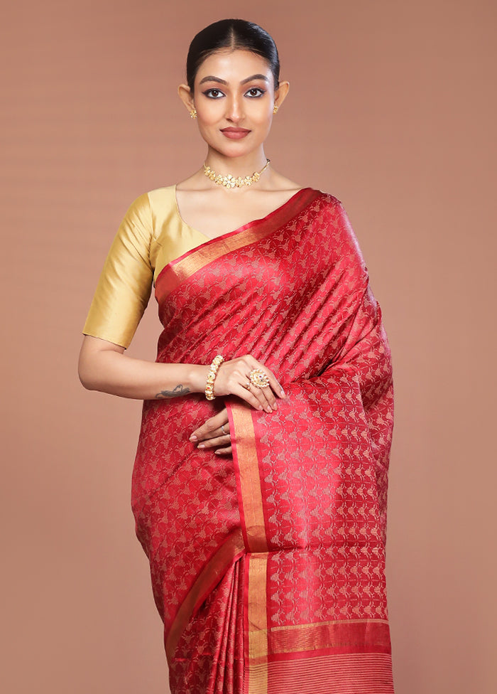 Red Tussar Silk Saree With Blouse Piece