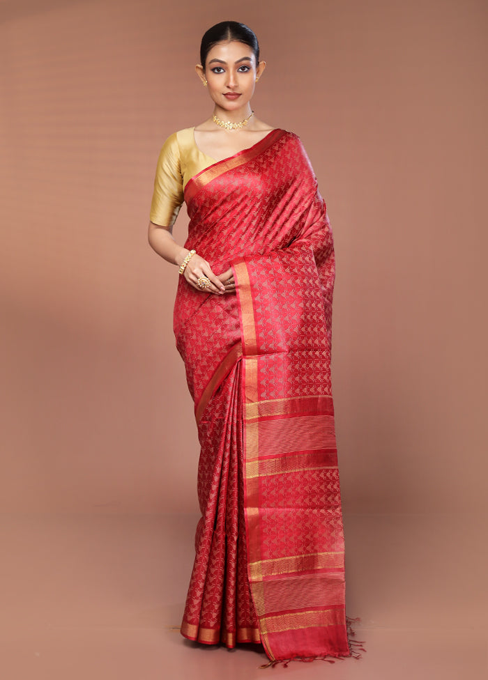 Red Tussar Silk Saree With Blouse Piece