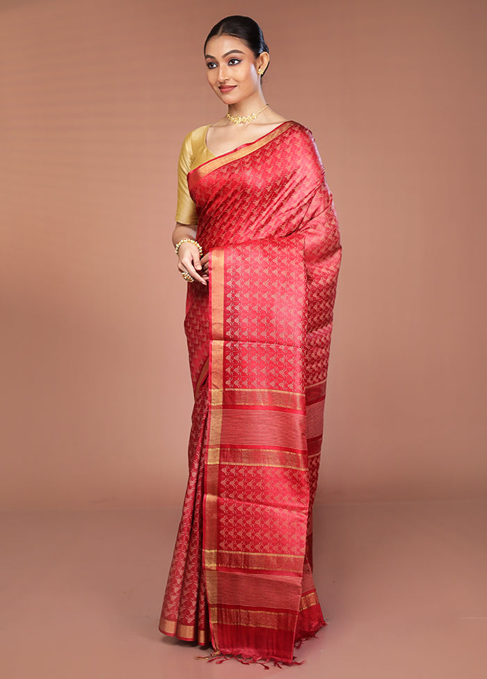 Red Tussar Silk Saree With Blouse Piece