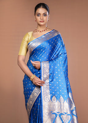 Blue Banarasi Silk Saree With Blouse Piece
