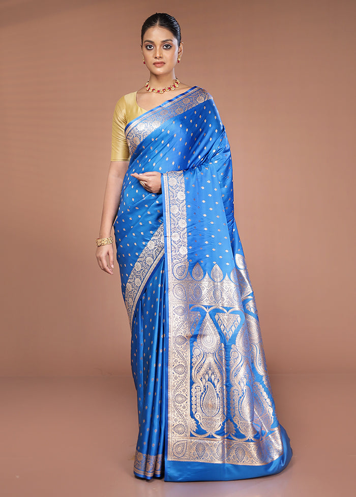 Blue Banarasi Silk Saree With Blouse Piece