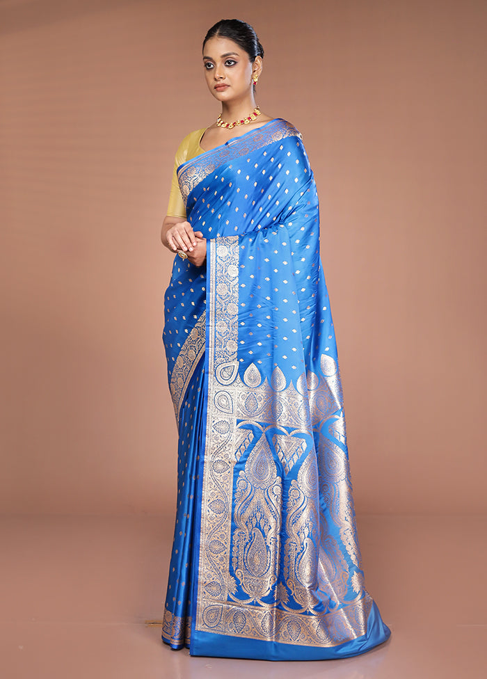 Blue Banarasi Silk Saree With Blouse Piece