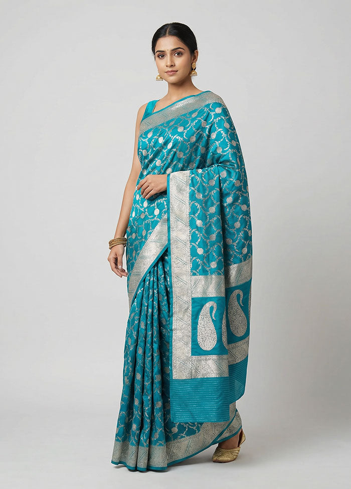 Blue Banarasi Silk Saree With Blouse Piece