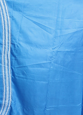 Blue Handloom Kantha Stitch Pure Silk Saree With Blouse Piece