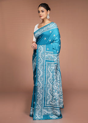 Green Handloom Kantha Stitch Pure Silk Saree With Blouse Piece