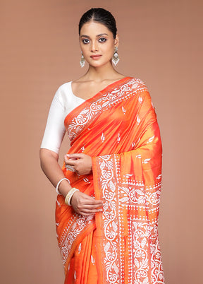Rust Handloom Kantha Stitch Pure Silk Saree With Blouse Piece