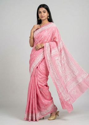 Pink Handloom Kantha Stitch Pure Silk Saree With Blouse Piece