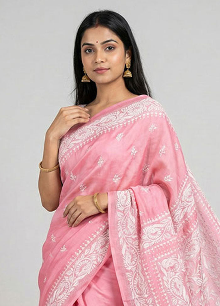 Pink Handloom Kantha Stitch Pure Silk Saree With Blouse Piece