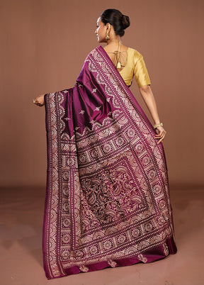 Purple Handloom Kantha Stitch Pure Silk Saree With Blouse Piece