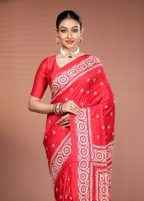Red Handloom Kantha Stitch Pure Silk Saree With Blouse Piece