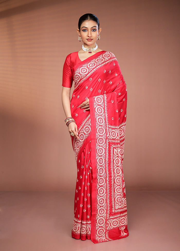 Red Handloom Kantha Stitch Pure Silk Saree With Blouse Piece