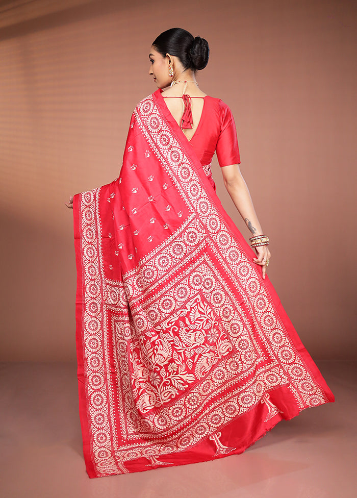 Red Handloom Kantha Stitch Pure Silk Saree With Blouse Piece