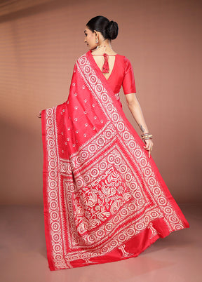Red Handloom Kantha Stitch Pure Silk Saree With Blouse Piece