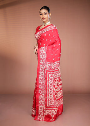 Red Handloom Kantha Stitch Pure Silk Saree With Blouse Piece