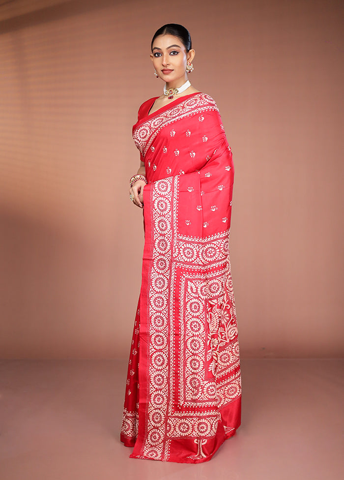 Red Handloom Kantha Stitch Pure Silk Saree With Blouse Piece