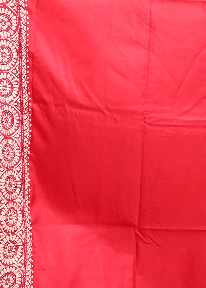 Red Handloom Kantha Stitch Pure Silk Saree With Blouse Piece
