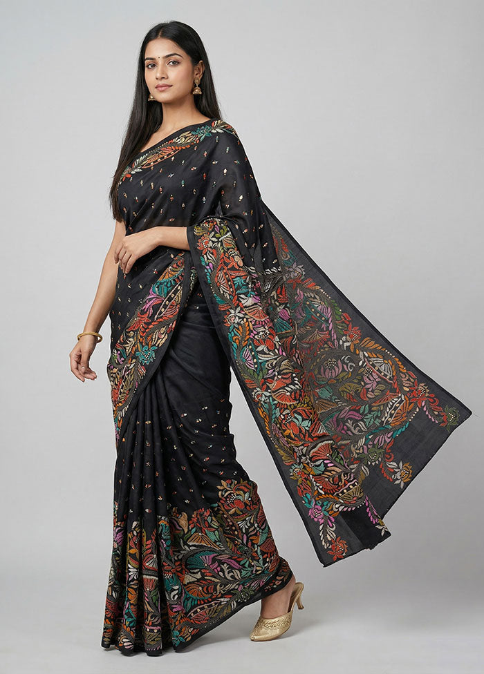 Black Handloom Kantha Stitch Pure Silk Saree With Blouse Piece